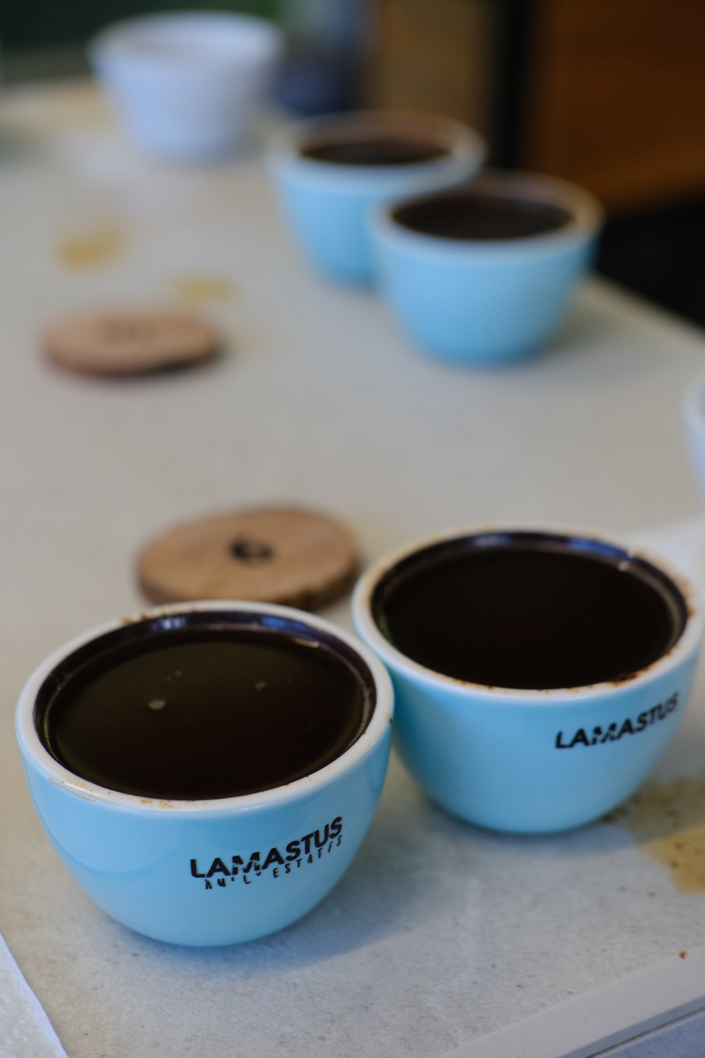 Two light blue ceramic espresso cups with black printed 'LAMASTUS' branding, filled with dark coffee, on a light countertop with more cups blurred in the background.