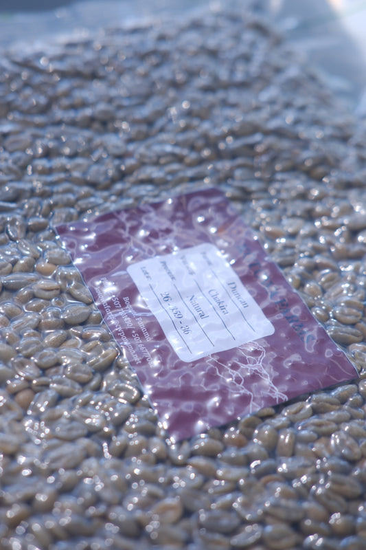 Vacuum-sealed green coffee from Kotowa Farms with a burgundy label reading Duncan, Chakira, Natural, Lot 26-359-36.
